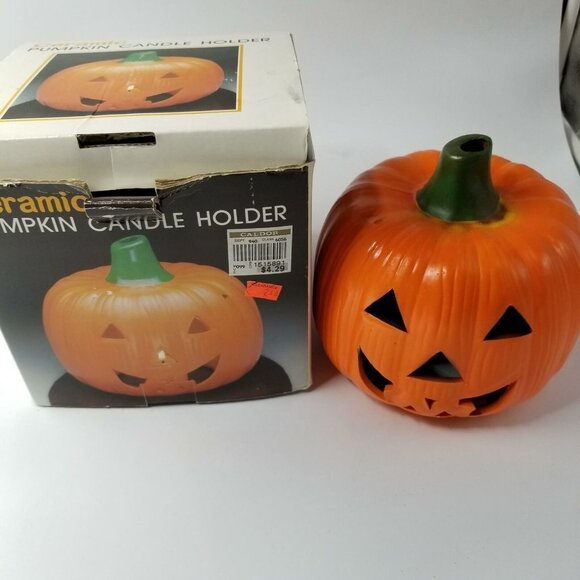 Vintage Halloween Pumpkin Ceramic Light Candle Holder 6.25" Fall Jackolantern - Picture 5 of 7